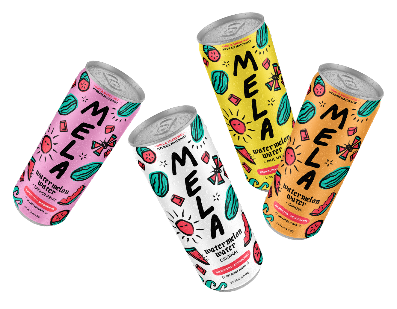 All flavors of Mela cans
