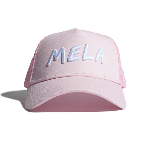 Pink on White Mela Trucker Hat