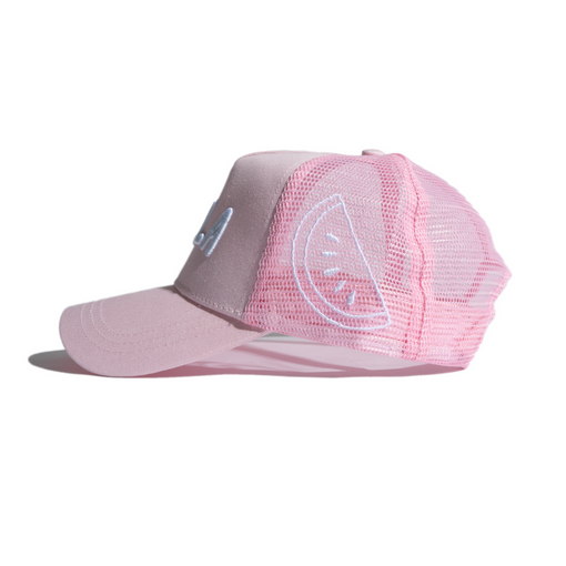 Pink on White Mela Trucker Hat